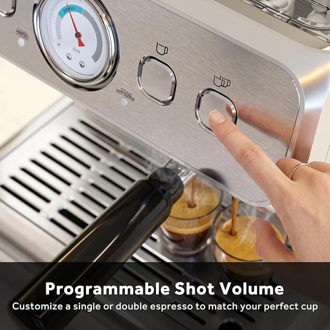 Espresso Machine with Grinder, 20 Bar Espresso Maker with Milk Frother, PID Temperature Control, 30 Grind Settings, Removable Water Tank, Stainless Steel Coffee Machine for Cappuccino, Latte