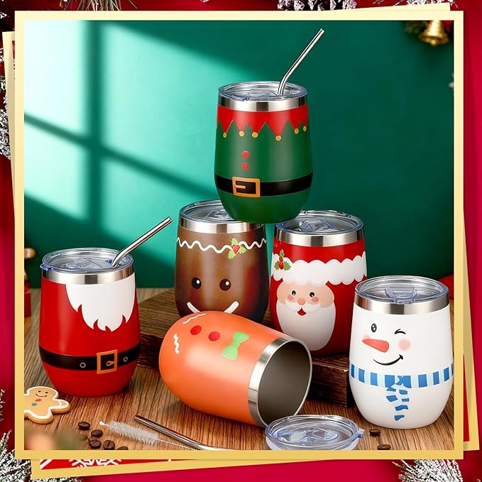 Ziliny 6 Pieces Christmas Wine Tumbler 12 oz Xmas Insulated Stainless Steel Wine Cups with Lid and Straw Funny Coffee Mugs with Brush for Holiday Wedding Party Gifts(Vintage Style)