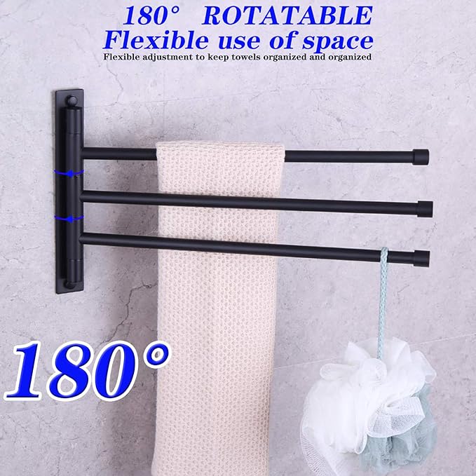 GERZWY Bath Towel Holder Swing Out Towel Bar SUS 304 Stainless Steel Bathroom Hand Towel Rack 3-Bar Folding Arm Swivel Hanger Wall Mount Matte Black HYG03-BK