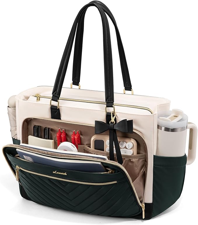 LOVEVOOK Lunch Bag, Insulated Lunch Tote Bag with Laptop Compartment, Large Capacity Work Tote, Water Reasistant Handbag Insulated Bag Leakproof for Teacher, Nurse, Dark Green-Beige-Black, 15.6 Inch