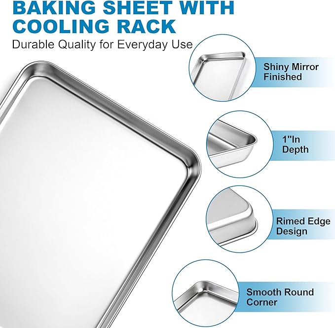 Herogo Large Baking Sheet with Wire Rack Set(2 Pans + 2 Racks), 20 x 14 x 1 Inch Stainless Steel Metal Cookie Pan Set for Baking & Roasting, Rust & Warp Resistant & Nonstick