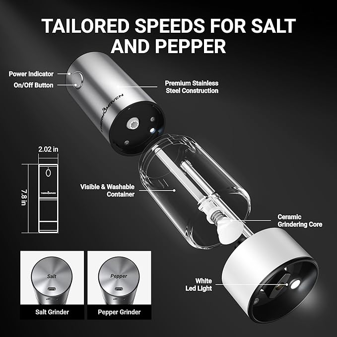 ThermoMaven 110ml Rechargeable Electric Salt and Pepper Grinder Set - 6 Adjustable Coarseness, Washable Parts, Built - in LED for Easy and Accurate Grinding, 2 Packs, Pearly White