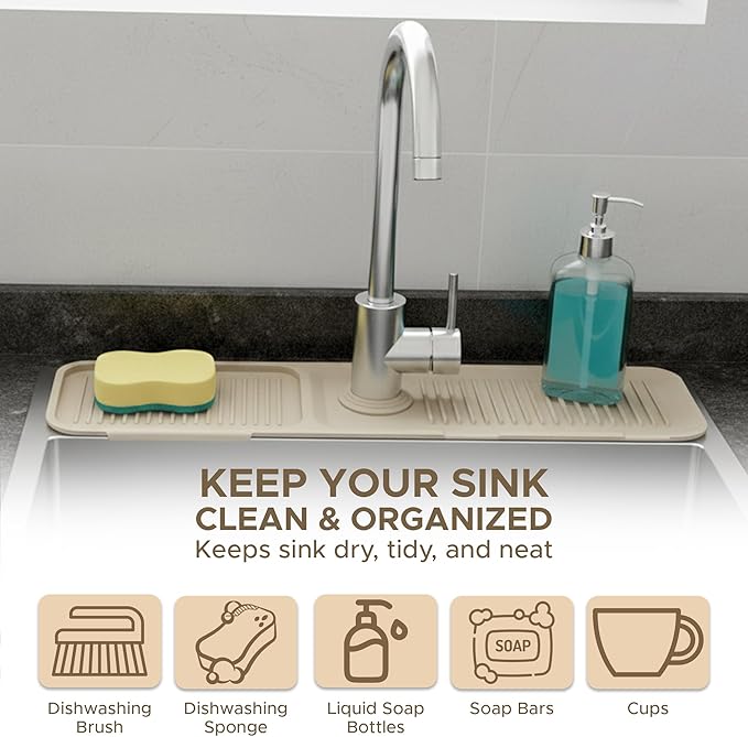 24 Inch Longer Faucet Mat for Kitchen Sink| 5° Slope Fast Self-Draining Sink Splash Guard | Multipurpose Faucet Mat Foldable Durable No Smell | Cut-to-Fit Opening Up to 2.6in | Biege