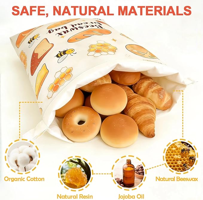 2 Pack Natural Beeswax Food Wraps, Reusable Organic Cotton Bread Bags with Honeycomb Texture, Plastic Free Storage for Sourdough, Freezer Safe, 12.6x17 Inches | Longer freshness, Food-safe contact, Self-sealing design, Plastic-free, Easy to clean, Brea...