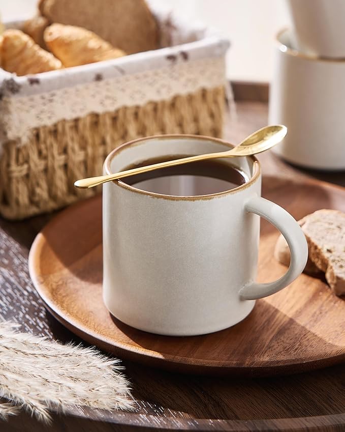 famiware Coffee Mugs Set of 6 Nebula 14oz Coffee Mugs, Ceramic Cup Set with Handle for Latte, Tea, Milk, Cappuccino, Cocoa, Matte Beige White with Brown Rim