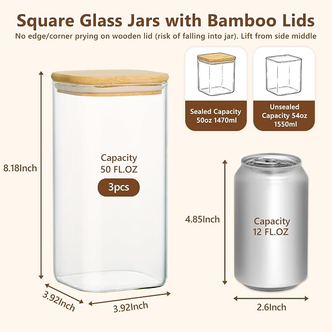 KEYWING 50oz Airtight Glass Storage Containers with Lids Set of 3, Square Glass Jars with Bamboo Lids, Kitchen Pantry Storage Canister for Flour, Sugar, Cereal, Coffee Beans, Pasta, Cookies & Tea