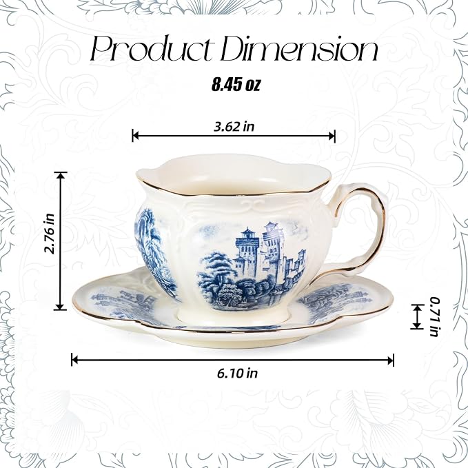 KAMMAK Tea Cups and Saucers Set of 2, Porcelain Coffee Cups, 8-Ounce Stackable Espresso Mugs, Ceramic Demitasse for Coffee, Latte, Americano, Tea, Retro Blue