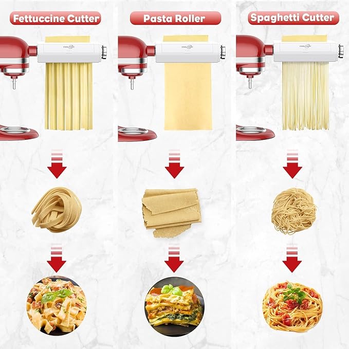 Pasta Attachment for KitchenAid Stand Mixers, 3 in 1 Pasta Maker Set for Kitchenaid, Includes Pasta Roller, Pasta Cutter and Fettuccine Cutter with Cleaning Brush