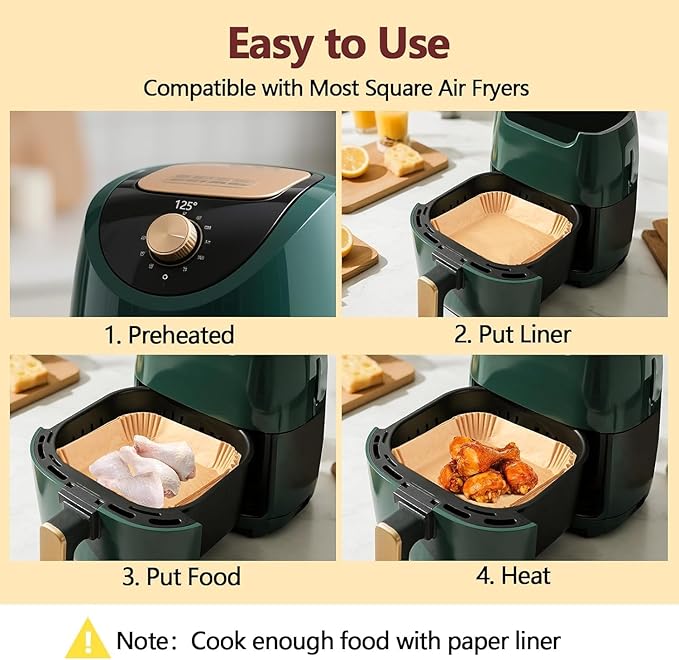 9 Inch Air Fryer Liners Disposable-400PCS Square Parchment Paper Liners,Heat Resistant & Non-Stick,Unbleached Liners for Air Fryer,Oven,Roasting,Baking,Microwave（Bottom is 8 Inch）