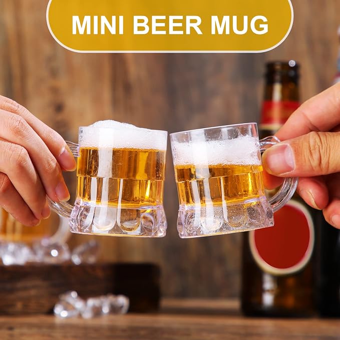 Yinder 50 Pieces 2 oz Mini Beer Mug,Plastic Mini Shot Glasses, Heavy Base Clear Reusable Beer Stein Tasting Glasses,Small Plastic Shot Cups for Party Drink, Whiskey, Tequila, Vodka