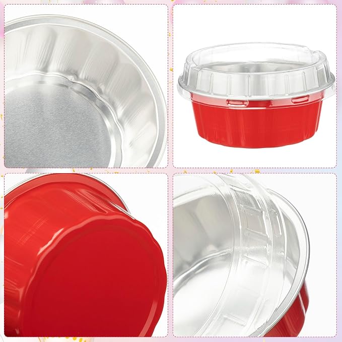 Tessco for you 150 Pcs Disposable Ramekins with Lids 8 oz Creme Brulee Ramekin Aluminum Foil Cup Cupcake Liner Baking Valentines Disposable Muffin Tin Pan Cheesecake Container (Red,Silver)