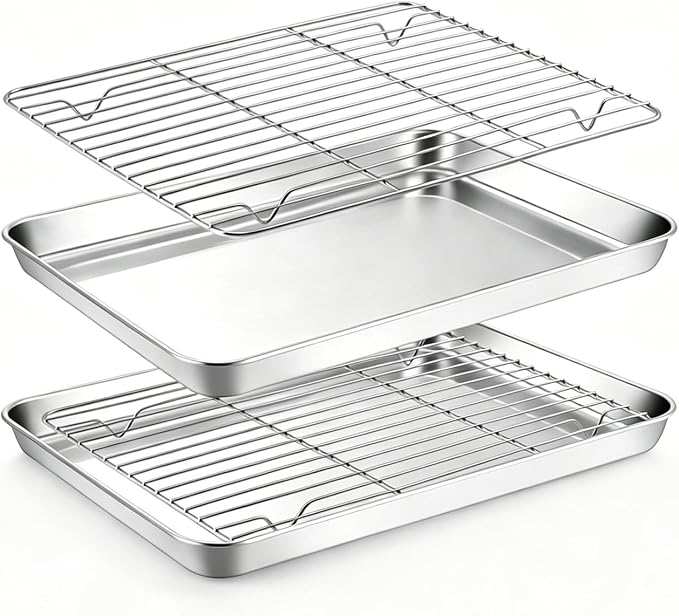 Onader Baking Sheet with Wire Rack 9x13IN Stainless Steel Quarter Sheet Pan | Cookie Sheet and Cooling Rack Set of 2, Metal Toaster Oven Pan Tray, 2 Pans + 2 Racks