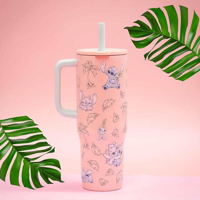 Zak Designs Disney Sutton Travel Tumbler for On the Go, 30oz Stainless Steel with Vacuum Insulation, Silicone Straw, and Carry Handle for Cold Drinks (Stitch, Angel)