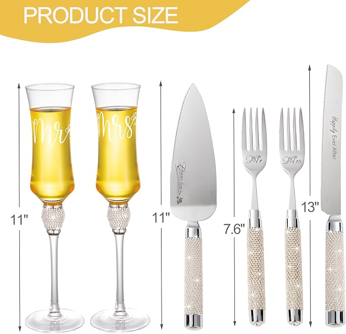 Wedding Cake Knife and Server Set, 6 Pieces Mr and Mrs Champagne Flutes Glasses and Cake Cutting Set for Wedding, Bridal Shower Gifts, Engagement Gifts for Couples