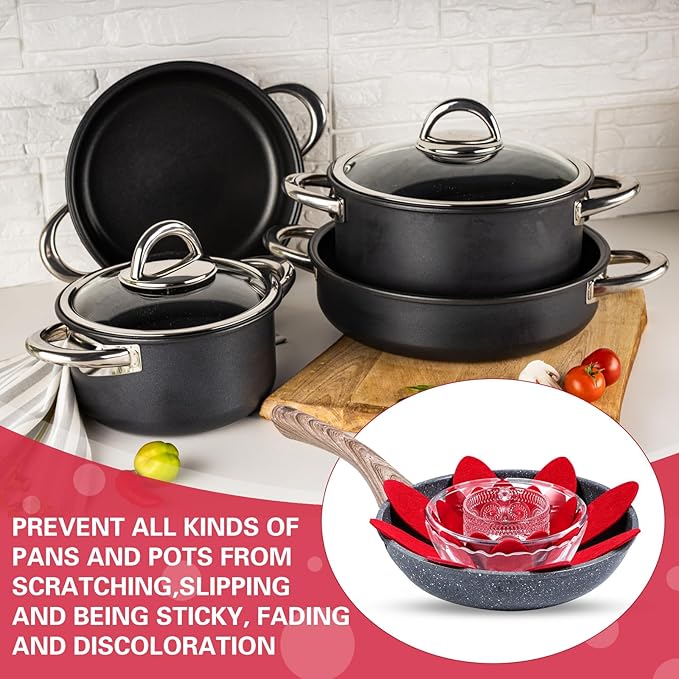 Queekay 36 Pcs Felt Pot Pan Protectors Dish Dividers Separators Bakeware Cookware Scratch Protectors Different Sizes, Thicker Pan Pads for Stacking Cookware Organizing Protecting(Red)