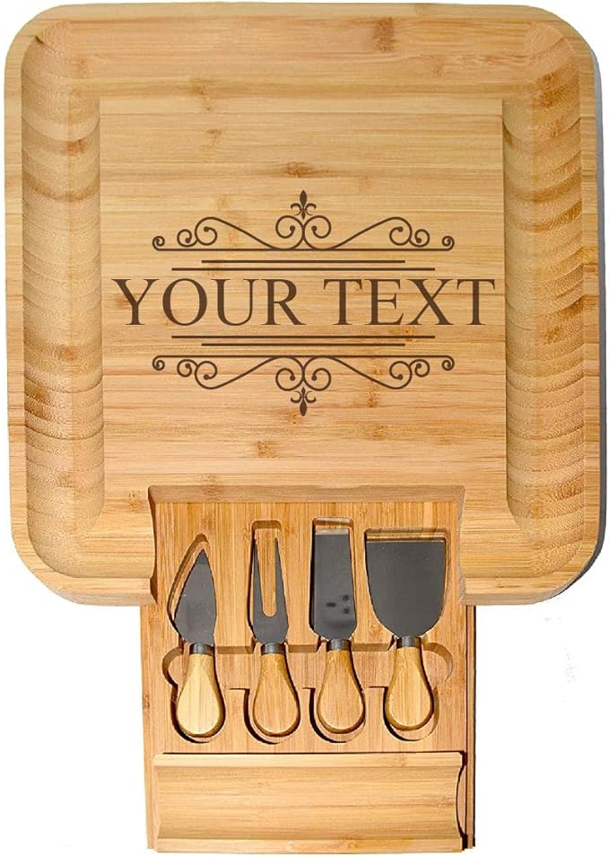 BT Trendz Personalized Charcuterie Board/Customized Bamboo Cheese Board/Serving Tray and Knife Set - Perfect Corporate, Wedding, Closing, Realtor, Birthday, Housewarming Gift - Gift for Dad/Mom (05)