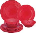 UPware 12 Piece Holiday Red Melamine Dinnerware Sets, Outdoor Dishes Set, Plates and Bowls Sets, Christmas Decorations, Service for 4, Red