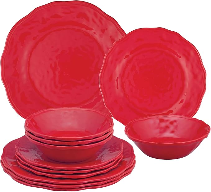 UPware 12 Piece Holiday Red Melamine Dinnerware Sets, Outdoor Dishes Set, Plates and Bowls Sets, Christmas Decorations, Service for 4, Red