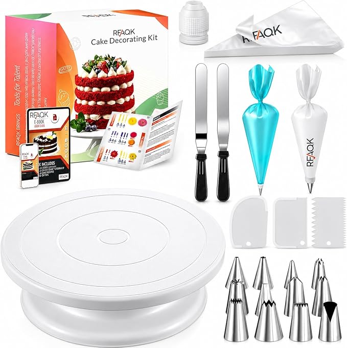 RFAQK 72PCs Cake Decorating Supplies Kit for Beginners - Cake Turntable with 50 Piping Bags, Bags Coupler, 12 Numbered Piping Tips, Offset & Straight Spatula, Icing Scrapper Set for Cake Decoration