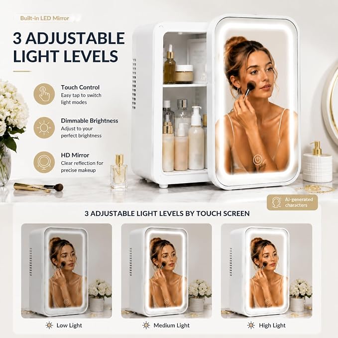4L / 6Cans mini skincare fridge with Dimmable LED Light Mirror, Mini Fridge for Skin Care, Cosmetics, Beverage, Beauty Fridge for College Dorm, Office, Home, Car, Travel cooler and warmer (white)