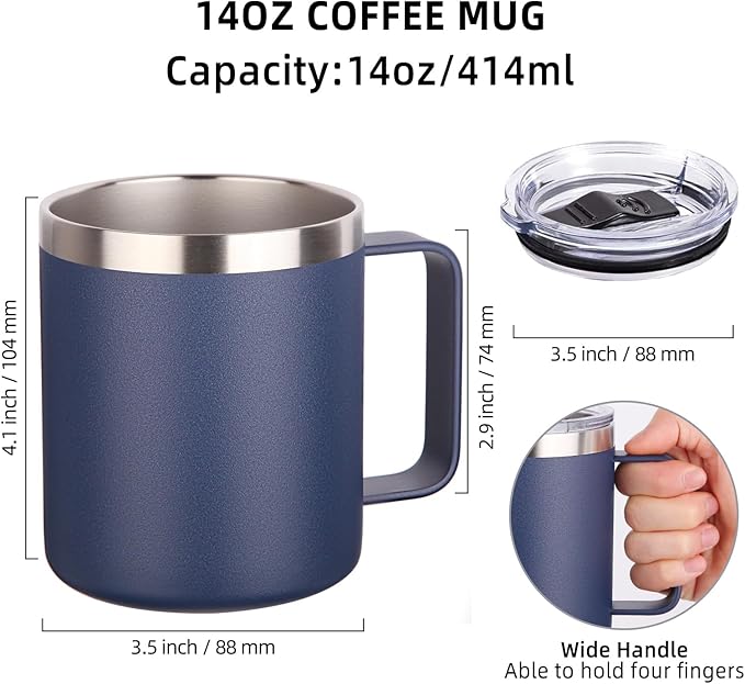 Volhoply 14oz Insulated Stainless Steel Coffee Mug with Lid Bulk 8 Pack,Double Wall Vacuum Travel Coffee Cup with Handle,Reusable Metal Cups Tumbler,Camping Mugs Keep Hot,Ideal Gifts(Navy,8)