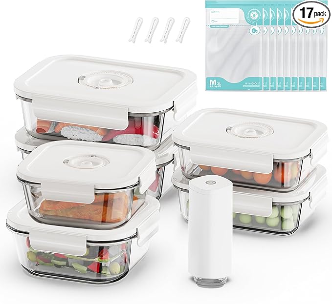 Vacuum Seal Glass Food Storage Containers, 6pcs Containerswith 10pcs Sous Vide Bags/ 1pc Automatic Pump, Meal Prep Container with Airtight Locking Lids for Lunch,Long-Lasting Freshness