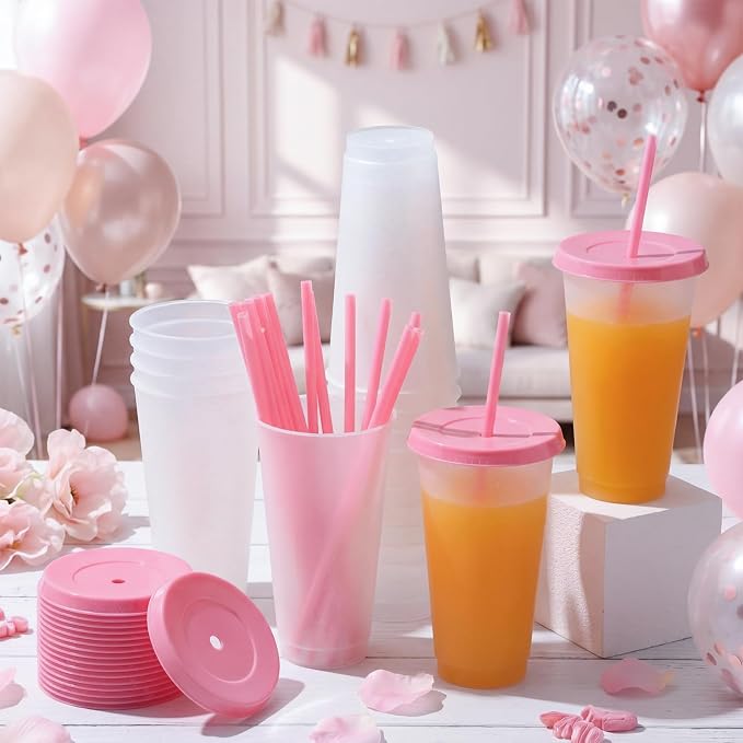 Honeydak 60 Pack Tumbler with Straw and Lid Cups for Gifts Glitter Plastic Coffee Cups 24-27 oz Water Bottle Iced Coffee Travel Mug Party Favors for Birthdays Travel (Clear and Pink)