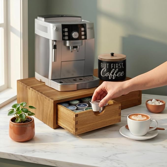 Acacia Wood K Cup Drawer Under Coffee Maker, 30 Pod Wooden K Cup Organizer with Movable Dividers for Countertop, Fits Nespresso Vertuo, Lavazza Capsules, Tea Bags