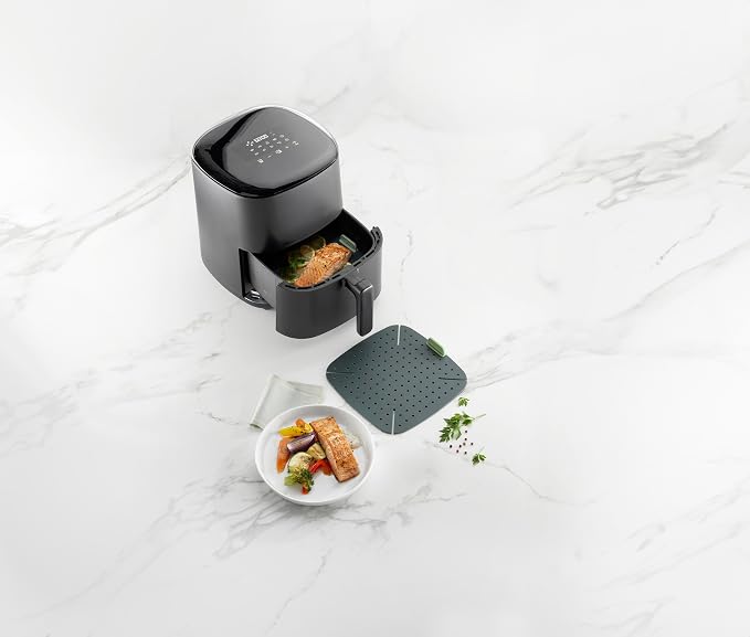 Lékué Air Fryer Liner Mat - Gray - 100% Platinum Silicone Reusable Flat Perforated Baking Tray for Air Frying, Fits in Draw, Flexible Corners, Pull-up Handle for Easy Removal