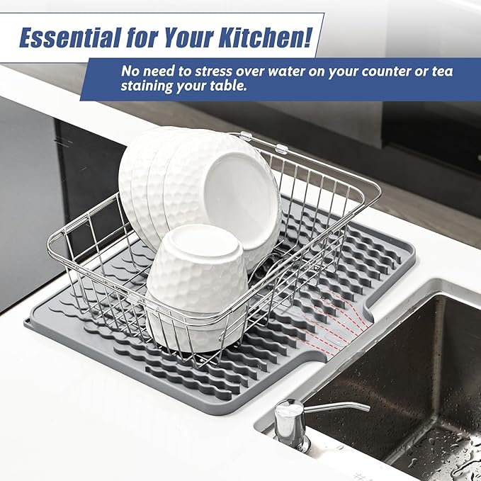 Silicone Dish Drying Mat for Kitchen Counter, Heat-resistant Dish Dryer Mat with Built-in Drain Lip ,Drain Pad Protects Surfaces Prevents Water Build UP