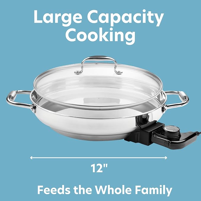 CucinaPro Electric Skillet, 18/10 Stainless Steel Pan, Tempered Glass Lid | Frying Pan with Top and Handles, 12" Round, Adjustable Temperature Control Knob, Portable with Recipes, Large Family Meals