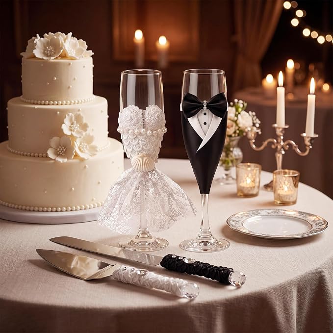 Boao Pearl Wedding Champagne Flutes and Cake Knife Server Set of 4, Champagne Flutes Toasting Glasses with Pearls for Bride and Groom Engagement Anniversary Bridal Shower Gifts (Stylish,Black White)