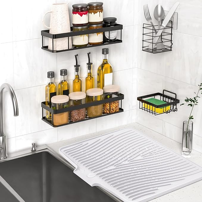TIKNIK Silicone Dish Drying Mat, Stone Drying Mat for Kitchen Counter with Built-In Drain, Non-Slip Drain Pad with Built-in Drain, Heat Resistant Stone Drying Mat, Hangable, White-1pcs, 20" x 15"