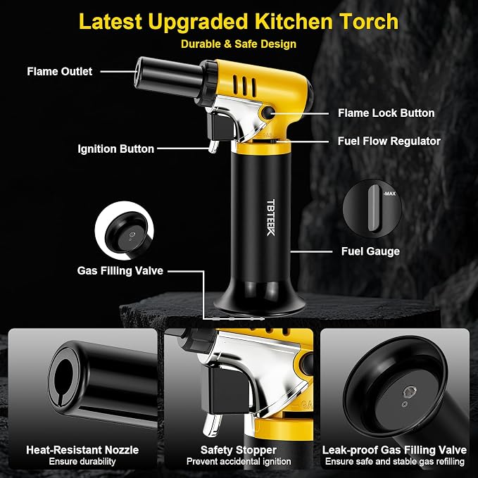 TBTeek Butane Torch with Fuel Gauge T907, One-hand Operation Kitchen Torch Lighter with Adjustable Flame for BBQ, Baking, Brulee Creme, Crafts and Soldering(Butane Gas Not Included)