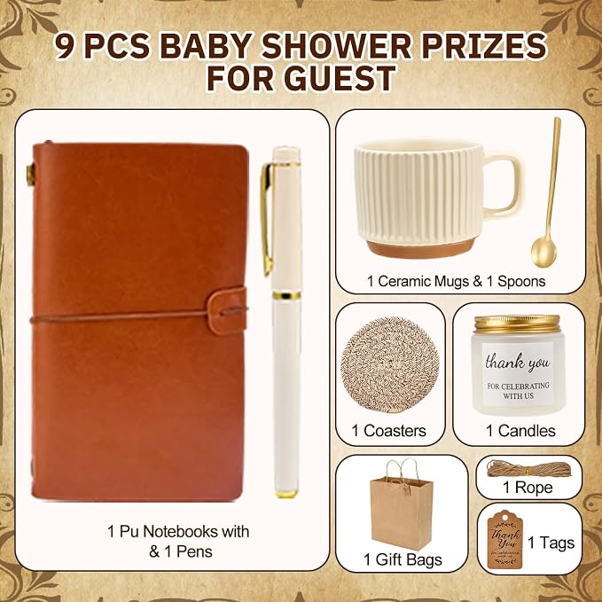 Baby Shower Prizes for Game Winners Baby Shower Games Prizes Ceramic Mugs with Metal Spoons Woven Coasters Notebooks Scented Candles Gift Bags Wedding Bridal Shower Favors for Guests (1, Brown)