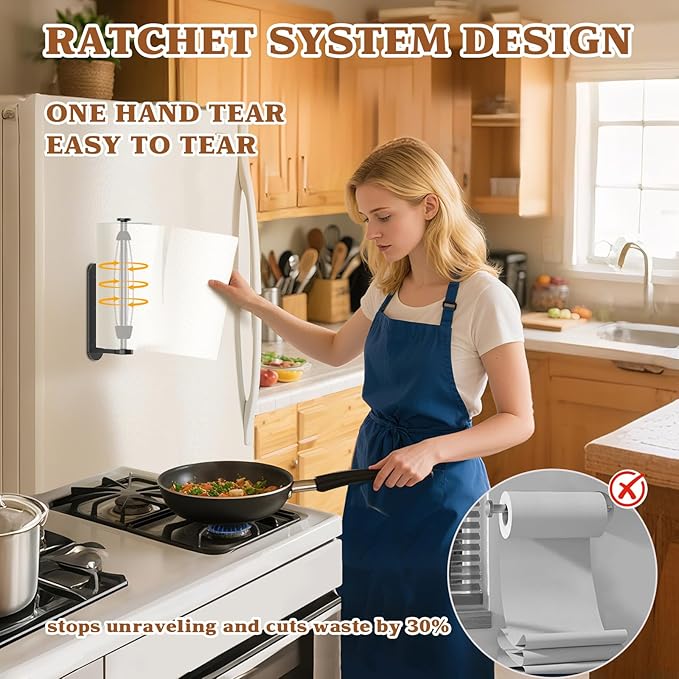 Swaitee Magnetic Paper Towel Holder for Fridge, Under Cabinet Paper Towel Holder Wall Mount, Self Adhesive No Drill, One Hand Tear Ratchet, Fits Jumbo Rolls, Black for Kitchen RV Garage