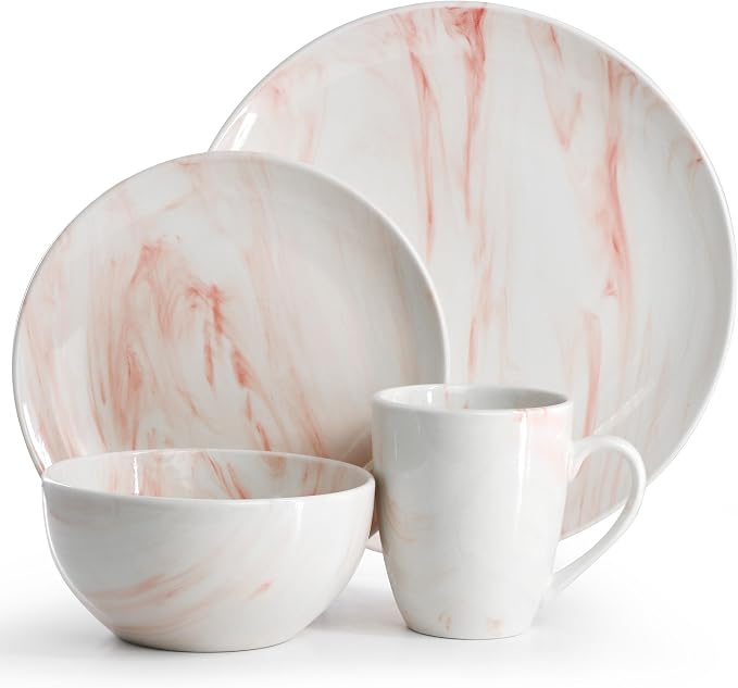 Elama Fine Marble 16 Piece Porcelain Dinnerware Set, Tableware Set, Everyday Dining, Service for 4 (Red)