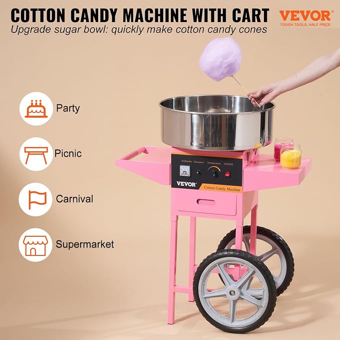 VEVOR Electric Cotton Candy Machine Cart, 1000W Commercial Floss Maker w/Stainless Steel Bowl, Sugar Scoop and Drawer, Perfect for Home, Carnival, Kids Birthday, Family Party, Pink