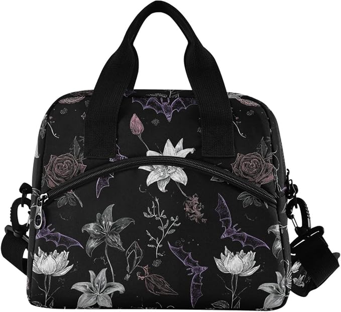 Insulated Lunch Bag Reusable Lunch Tote Bag Cooler Bag for Women Men Adult Lunch Box with Adjustable Shoulder Strap Leakproof Lunch Bag for Work Picnic Camping (Goth Bat Flower)