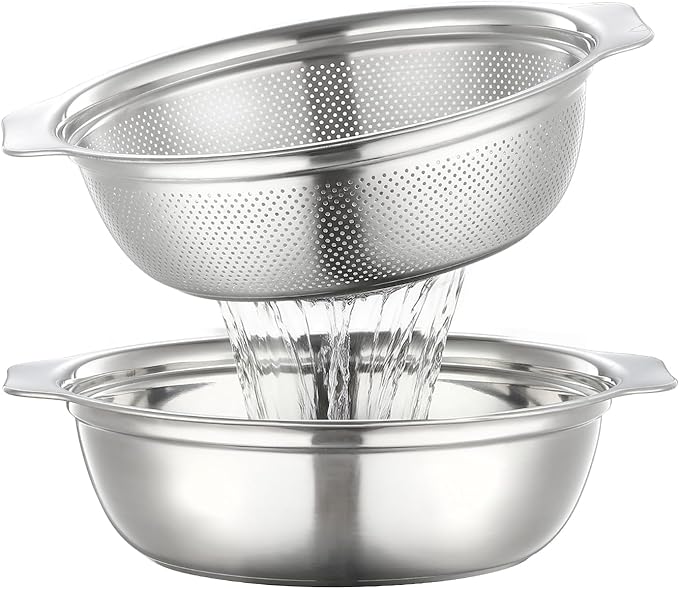 Colander for Kitchen Microporous, 5QT Strainer with Mixing Bowl Large Capacity, Stainless Steel Colander with Handle for Washing Vegetables, Fruit, Rice and Draining Cooked Pasta(2PC)