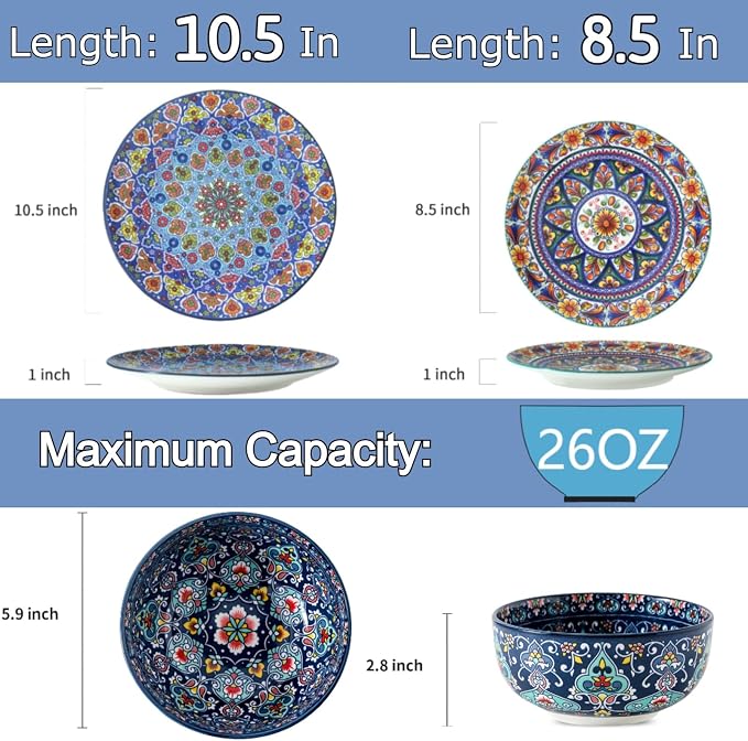 glowworm Bohemian Dinnerware Sets, Ceramic Dishes Set for 4, 12 Pieces Plates and Bowls Set, Oven, Microwave & Dishwasher Safe, Scratch Resistant