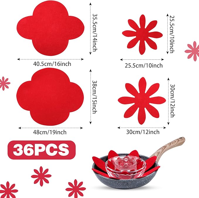Queekay 36 Pcs Felt Pot Pan Protectors Dish Dividers Separators Bakeware Cookware Scratch Protectors Different Sizes, Thicker Pan Pads for Stacking Cookware Organizing Protecting(Red)