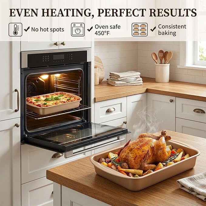 9x13 Nonstick Baking Pan 2 Pack – Heavy-Gauge Carbon Steel Cake Pan，Warp-Resistant & PFOA Free, Even Heating for Lasagna, Sheet Cake, Brownies & Meal Prep, Wide Handles Golden