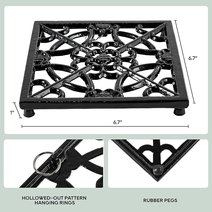 JOGREFUL 2 Pack Cast Iron Trivet Mats, Kitchen Pot Holders to Portect Table/Countertops, Heat Resistant Mats for Teapot/Hot Dishers/Plates, Vintage Mats with Weighted-Base, Flower Black