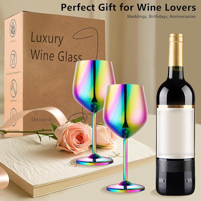 UNISWEET Stainless Steel Wine Glasses Set of 4 Unbreakable Wine Glass 18 oz Unique Metal Wine Goblets for Outdoor, Travel, Camping, Pool, Ideal Gift for Wine Lovers (Colorful)