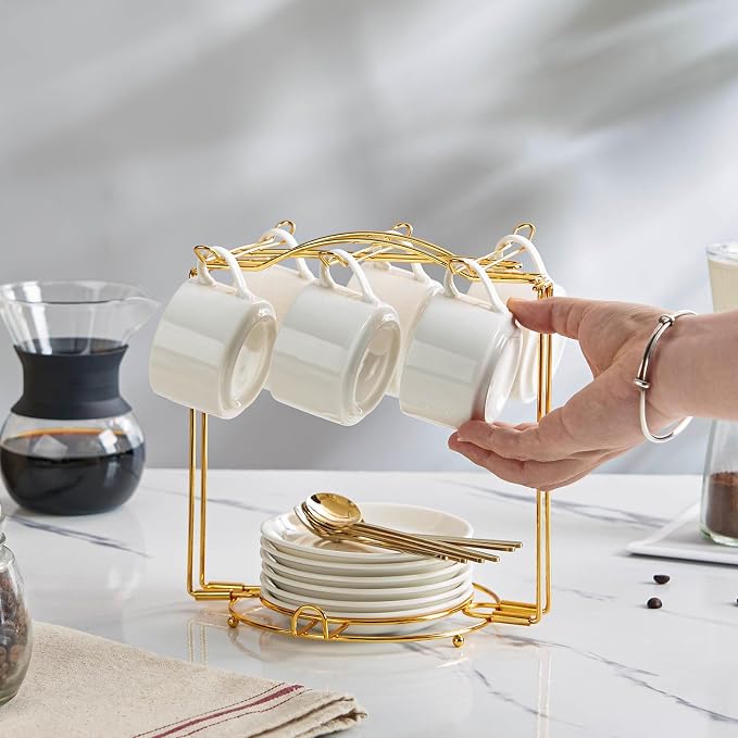 YOLIFE Espresso Cups with Saucers Set and Gold Metal Stand, 2.5oz Expresso Shots Cup with Stand & Saucers, Ceramic Coffee Espresso Cups Set of 6, White
