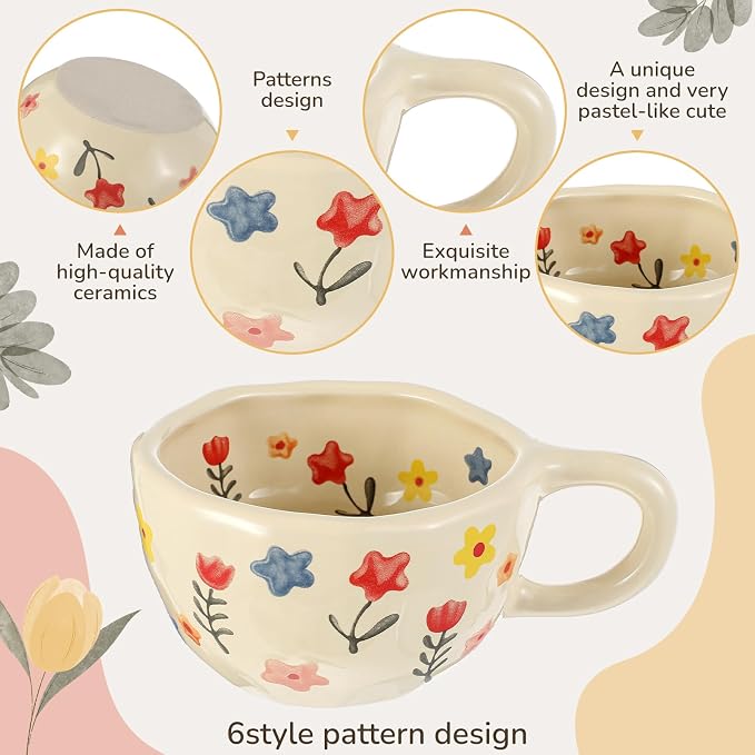 Maxdot 6 Pcs 12oz Ceramic Coffee Mugs Sets Glazing Process Cappuccino Mug Floral Ceramic Tea Cups Idea Gift Set for Women Porcelain Cup for Coffee, Cocoa, Tea, Latte (Retro) (Cute)
