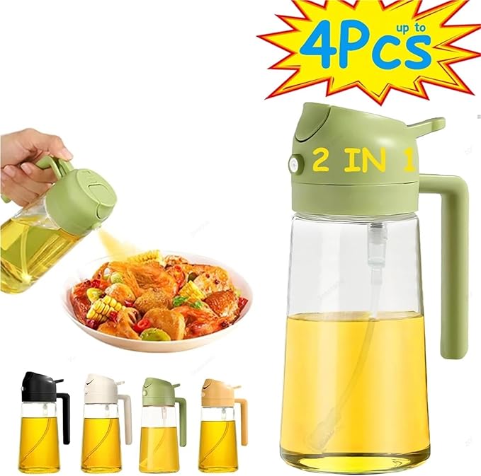 2-in-1 Oil Sprayer & Pourer – 16oz / 500ml Oil Bottle for Kitchen, BBQ, Baking, Salad – Black/White/Green/Yellow(2Pcs Green)