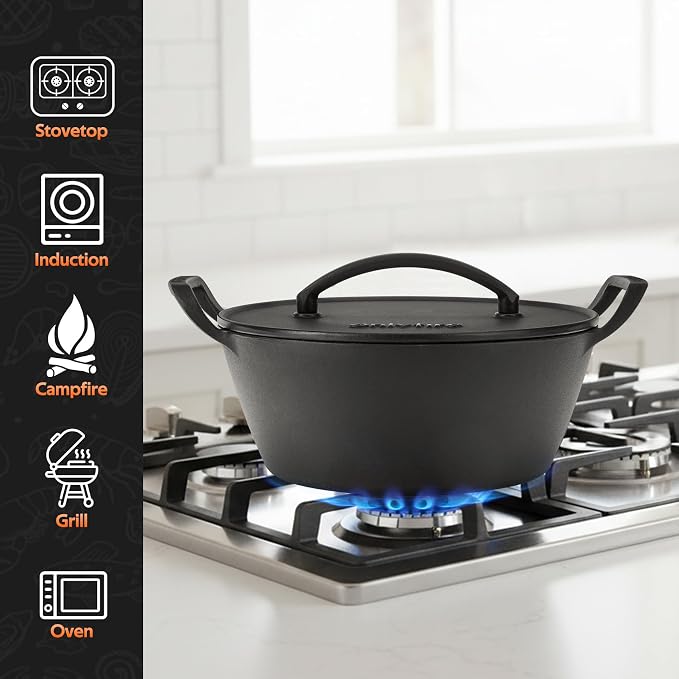 Onlyfire Cast Iron Dutch Oven, Heavy-Duty Dutch Oven Pot with Lid & Handle for Induction, Gas & Oven and Campfire, Cast Iron Skillet Cookware for Bread, Frying, Baking, 5.5 Quart