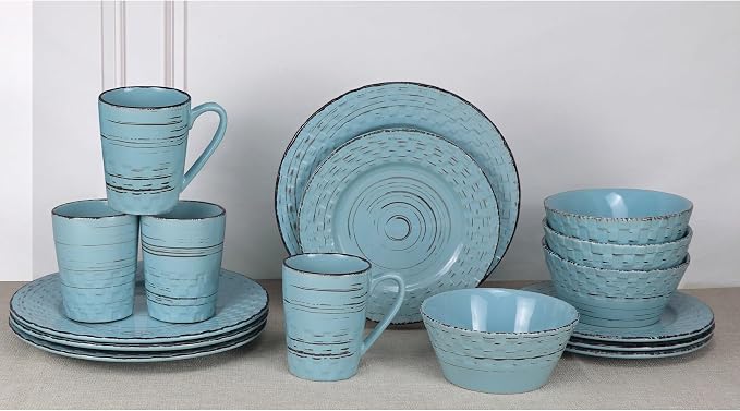 Lorren Home Trends 16 Piece Distressed Weave Dinnerware Set-Blue